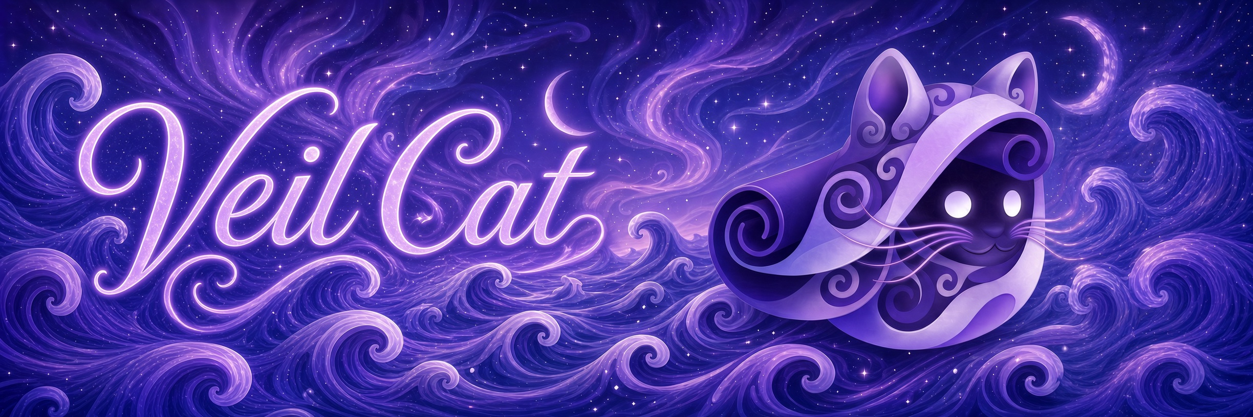 Veil Cat banner, a glowing script name over purple cosmic waves beside the hooded cat